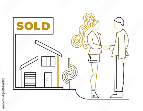 Vector illustration showing a real estate transaction. A man and woman shake hands in front of a modern house with a large “SOLD” sign, symbolizing buying or selling property and successful agreemen


