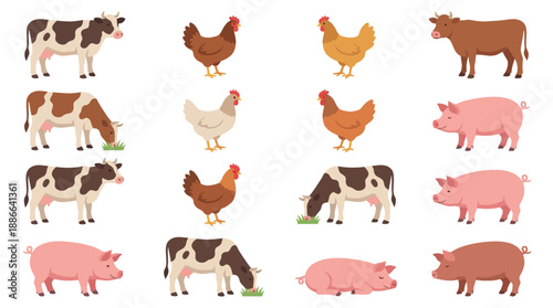 Farm Animals Collection Cow Chicken Pig Bull.