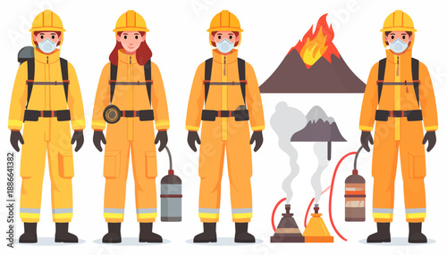 Firefighters in Yellow Protective Suits Standing.