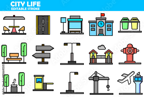 City Life Line Icons Set – 15 Editable Stroke Urban Infrastructure Symbols