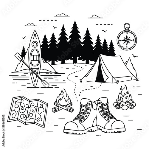 Camping Adventure with Kayak and Hiking Boots by the Forest Lake