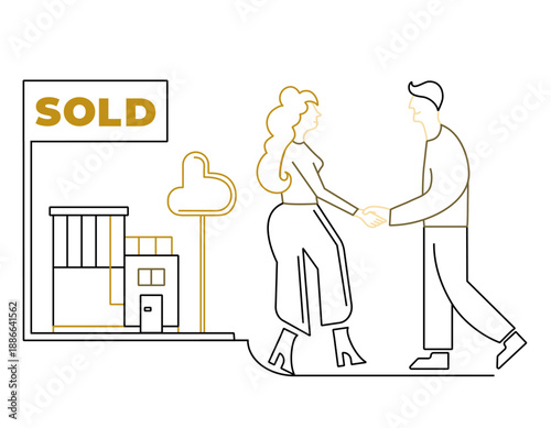 Minimalist vector concept of real estate sale. A couple shakes hands beside a “SOLD” sign and a cozy home, representing buying, selling, or closing a property deal.