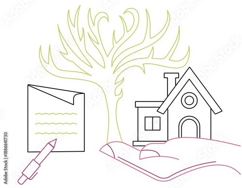 Elegant line art showing a hand holding a house and a contract with a pen, symbolizing real estate transactions, legal agreements, and property ownership.