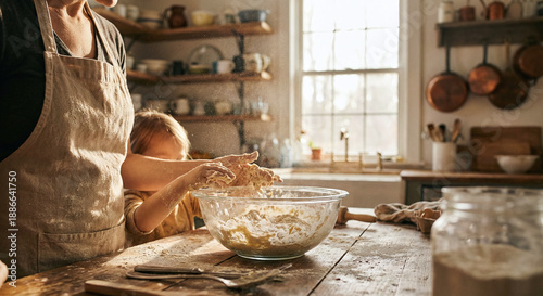 Mother's day baking preparation with flour mess and family hands in rustic kitchen