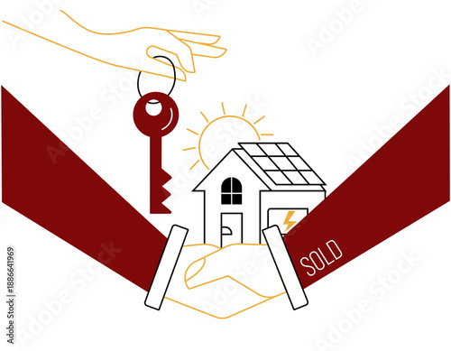 Stylized line art of a handshake in front of a solar-powered house, with a hand holding a key above, symbolizing eco-friendly real estate, home purchase, and sustainable property sales.