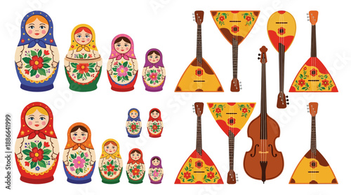 Russian Matryoshka Dolls and Balalaika Instruments Display.