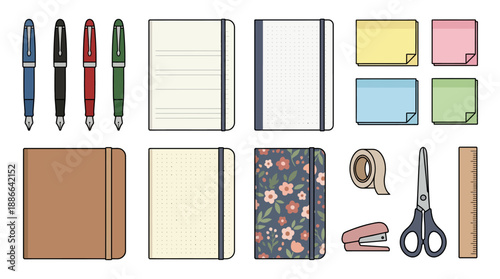 Stationery Items Including Pens and Notebooks.