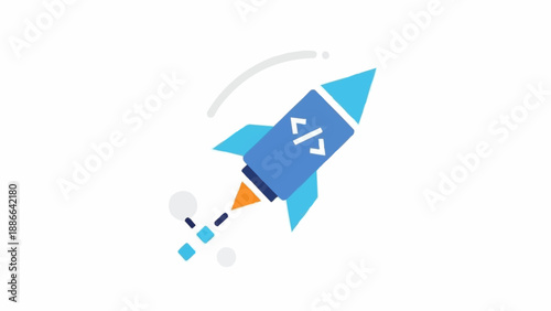 Blue Rocket Ship Blasting Off.