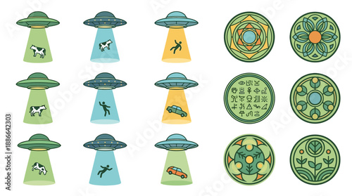 UFO icons with various designs and colors.