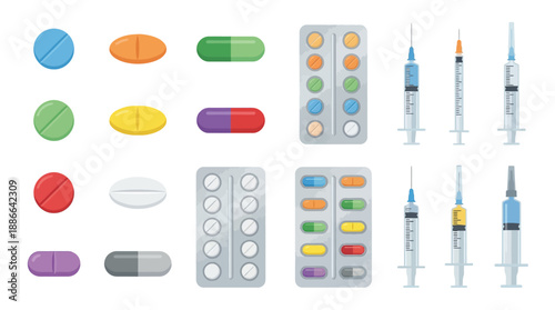 Variety of Pills and Medical Syringes.