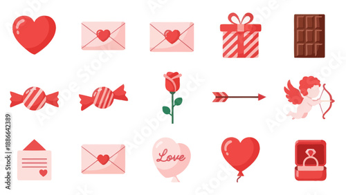 Valentine's Day Icons Set: Hearts, Love Letters, Gifts, Rose, Cupid, Chocolate