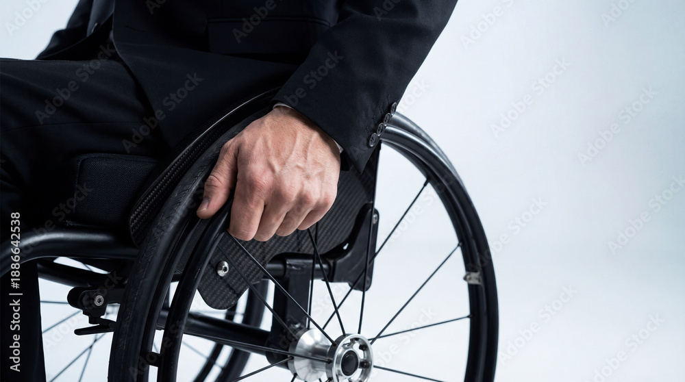 Fototapeta premium Close up of businessman sitting in wheelchair. Hand on wheel detail. Concept for disability employment, corporate inclusion, equal opportunity, and professional accessibility.
