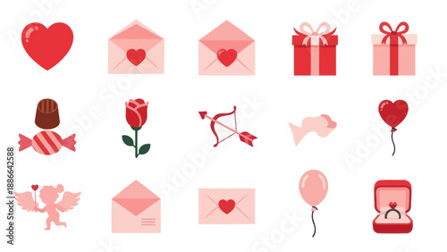 Valentine's Day Icons: Love Heart, Gift Box, Rose, Cupid, Ring, Envelope, Candy, Balloon