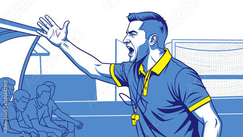 Soccer coach passionately giving instructions to his team during a match.