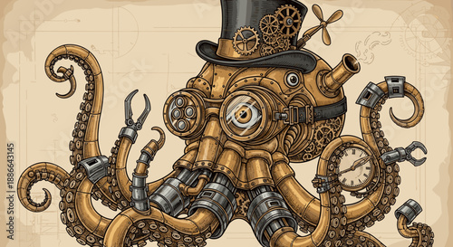 Steampunk Octopus Mechanical Creature with Top Hat and Goggles.