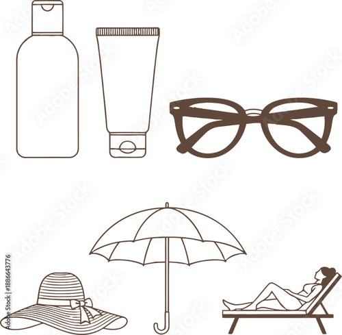A serene summer scene featuring a person relaxing on a sunlounger under a parasol with sunglasses, sunhat, and skincare products
