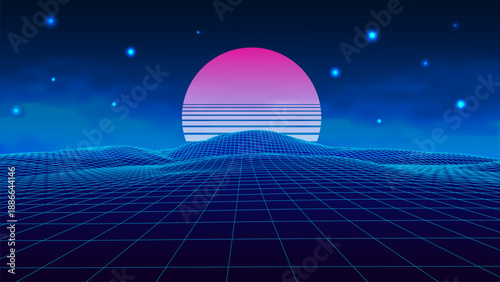 Abstract perspective background in retro style. 3D wireframe vector mesh against a sunny backdrop.