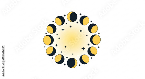 Moon phases in a circle with stars on white background lunar cycle illustration