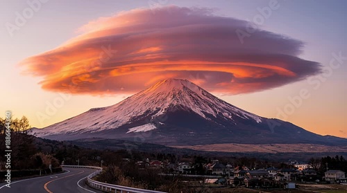 Captivating lenticular cloud over snowy mountain peak at sunset, picturesque landscape road, snow, summit.