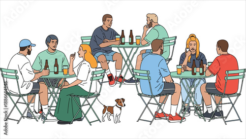 Men and Women Friends Meeting at Outdoor Restaurant Flat Design..eps