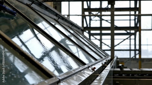 Wallpaper Mural Close-up of rain droplets on large glass panels in an industrial setting, reflecting light and structures behind Torontodigital.ca