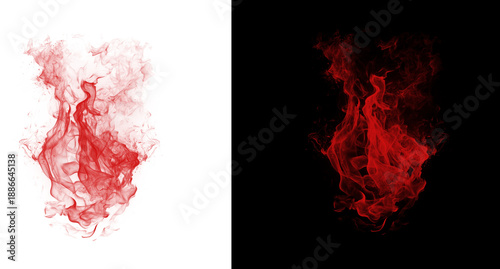 Vibrant red smoke clouds on white and black backgrounds isolated on transparent background