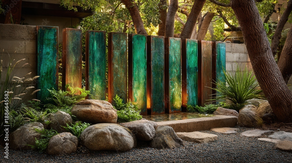 Naklejka premium Serene outdoor space with modern green metal art installation