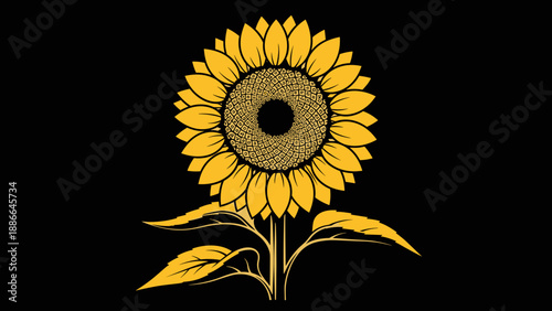 Stylized Sunflower Illustration with Detailed Petals and Leaves.