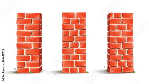 Brick wall pattern. Three red brick columns standing apart on white background for wall construction concept.
