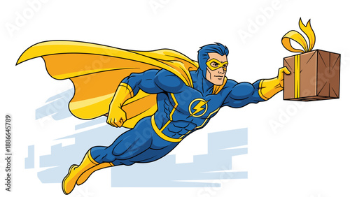 Superhero in flight delivering a gift box with a yellow ribbon.