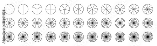 Template of pie charts. Segmented charts. Parts of diagram wheel from 1 to 33. Sectors divide the circle on equal parts. Coaching blank. Outline black graphics. Set of pizza, pie charts. Infographics.