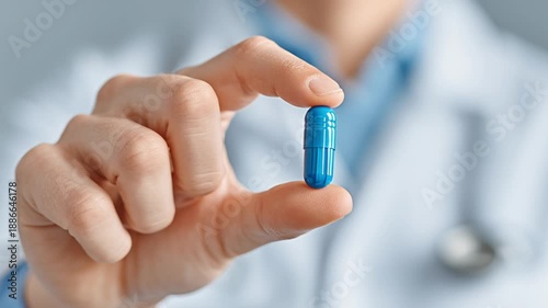 Doctor Holding Blue Medicine Capsule Between Fingers. Pharmaceutical Science, Healthcare Treatment, Drug Prescription.