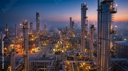 Wallpaper Mural A large industrial oil refinery complex operating at twilight with illuminated towers and steam rising. Torontodigital.ca