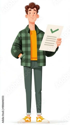  Cartoon Illustration of Man Holding Document with Green Checkmark. Success Concept, Approval Sign, Task Completed.