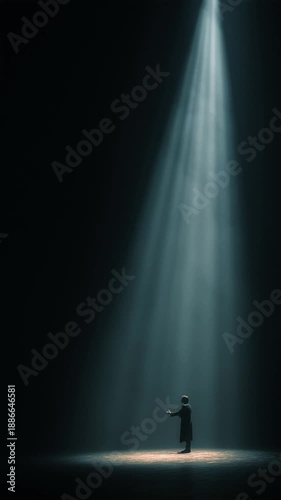 Person Silhouette Standing Under Single Spotlight Beam on Dark Stage. Solitude Moment, Dramatic Performance, Theatre Scene.