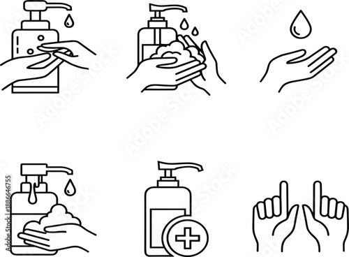 Hand washing hygiene line art icon vector set showing soap dispenser, clean hands and sanitizer symbols for healthcare, safety and infection prevention