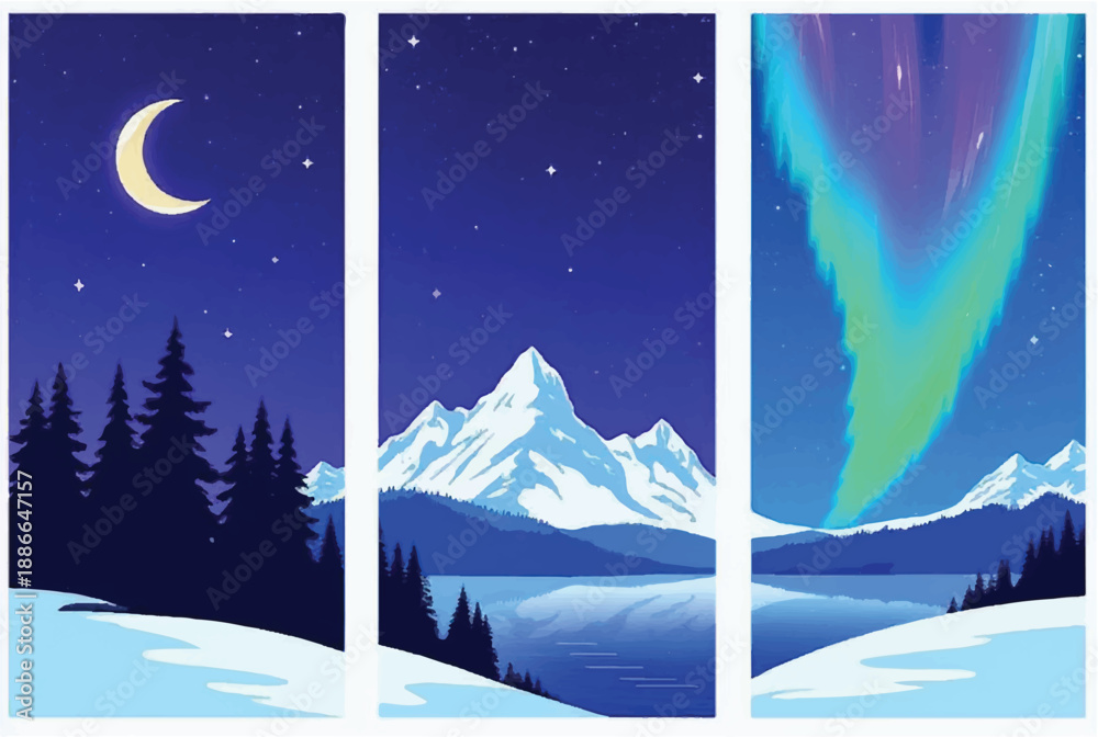 Obraz premium Collection of snowy mountain landscapes. Nature mountain scenery background. Illustration of snowy mountain landscape at night.