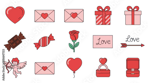 Valentine's Day Icons: Hearts, Gifts, Rose, Cupid, Love Letters, Candy, Ring