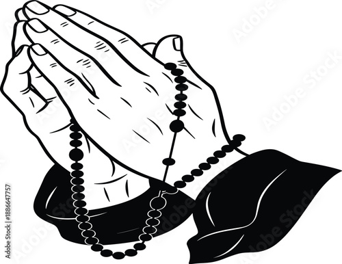 Praying hands with rosary beads vector illustration in black and white line art, religious faith spirituality and prayer symbol design isolated