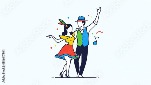 Couple Dancing Together with Music Notes, Colorful Outfits, Isolated on White Background