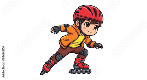 Cartoon boy wearing protective gear rollerblading on a plain white background with a playful mood.