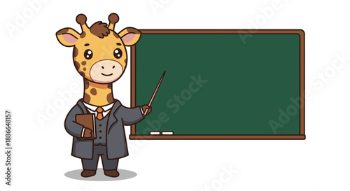 Cartoon giraffe wearing a suit and holding a book and pointer standing beside a green chalkboard on a white background.