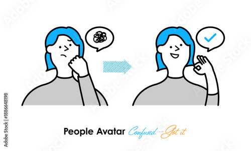 混乱から理解へ変化する人物アバター｜問題解決・納得を表現したフラットイラスト（light blue）