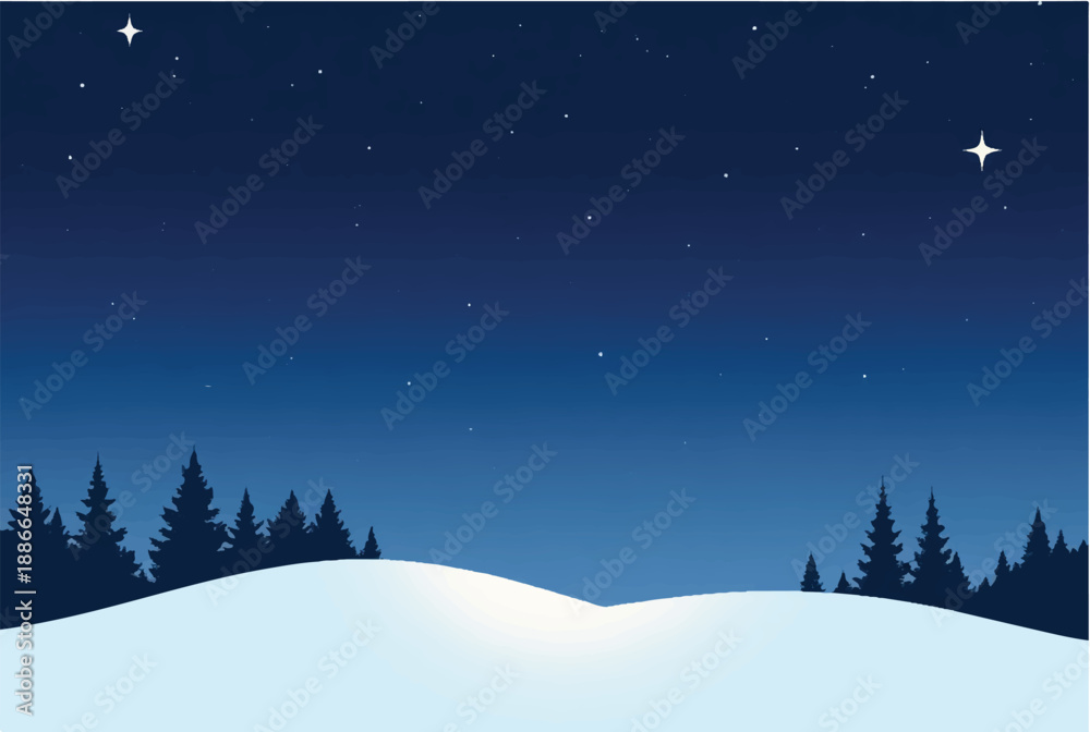 Fototapeta premium Winter night in mountains landscape. Winter night scenery. Illustration of snowy winter night. 