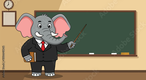 Cartoon elephant teacher standing in front of a classroom chalkboard holding a book and pointing with a stick.