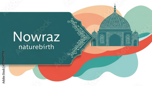 Nowraz Naturebirth Illustration with Dome Mosque and Floral Elements on Abstract Background