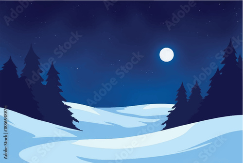 Winter night in mountains landscape. Winter night with moon. Illustration of snowy winter night. 