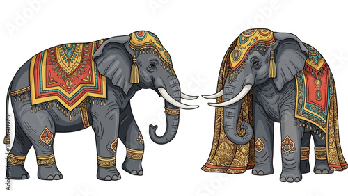 Two majestic elephants adorned with vibrant traditional decorations side by side.