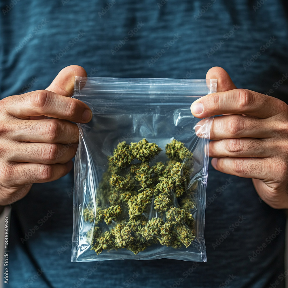 Fototapeta premium A man holds a ziplock bag with marijuana flowers inside.