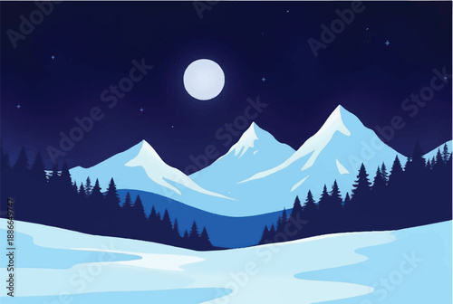 Winter night in mountains landscape. Winter night with moon. Illustration of snowy winter night. 